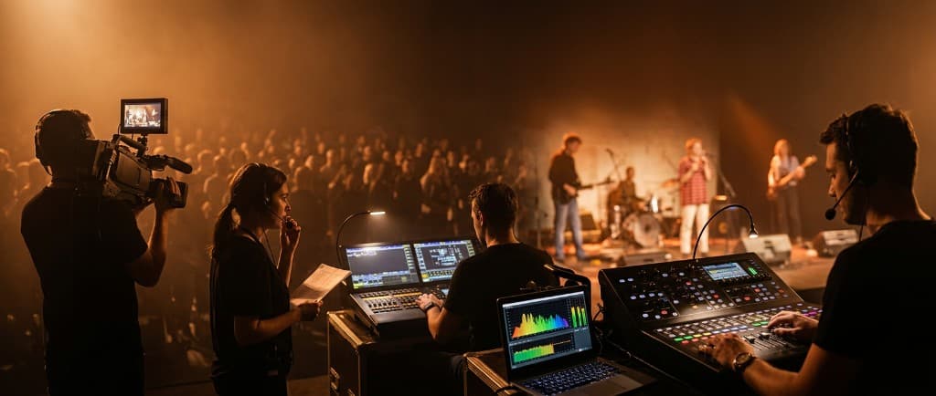 Équipe technique en régie : son, lumière et captation, concert live et public